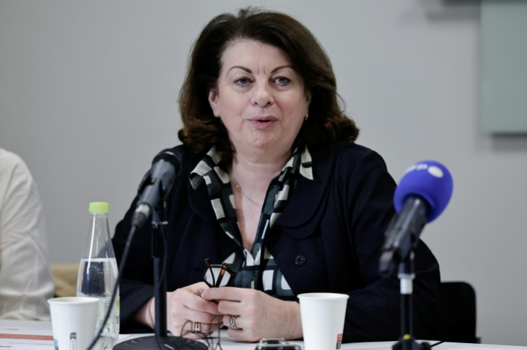 Marie Derain de Vaucresson, présidente de l'Inirr, instance de réparation pour les victimes de pédocriminalité dans l’Église,  lors d'une conférence de presse pour présenter le rapport annuel, le 25 mars 2025 à Paris ( AFP / STEPHANE DE SAKUTIN )