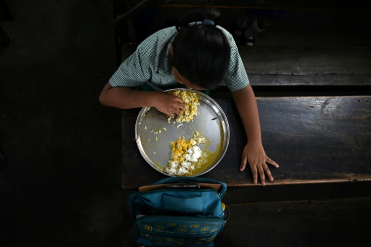 Un élève prend son repas de midi dans une école primaire publique de Calcutta, le 9 juillet 2026 en Inde ( AFP / Dibyangshu SARKAR )