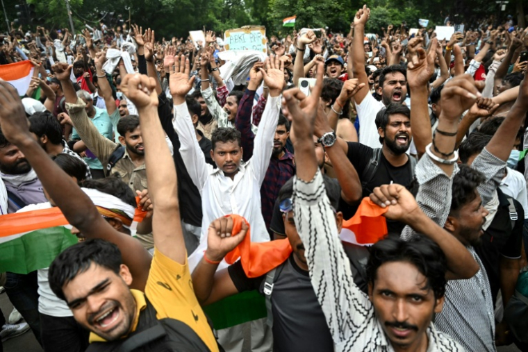 Des partisans du "parti des cafards" célèbrent à New Delhi la démission du ministre indien de l'Education, Dharmendra Pradhan, dont les étudiants exigeaient le départ en raison d'une série de fraudes aux examens universitaires, le 25 juillet 2026 ( AFP / Arun SANKAR )