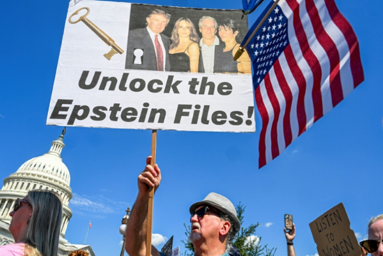 Des manifestants lors d'une conférence de presse des victimes de Jeffrey Epstein devant le Capitole, à Washington, le 3 septembre 2025 ( AFP / ROBERTO SCHMIDT )
