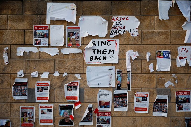 Images d'otages affichées sur un mur à Tel Aviv
