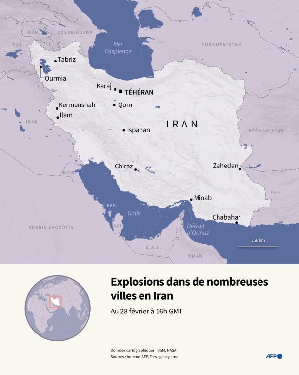 Carte d'Iran montrant la localisation des explosions entendues dans différentes villes du pays, selon les agences de presse iraniennes Fars et Irna, au 28 février à 16h GMT, après que les États-Unis et Israël ont lancé une opération militaire ( AFP / Sylvie HUSSON )