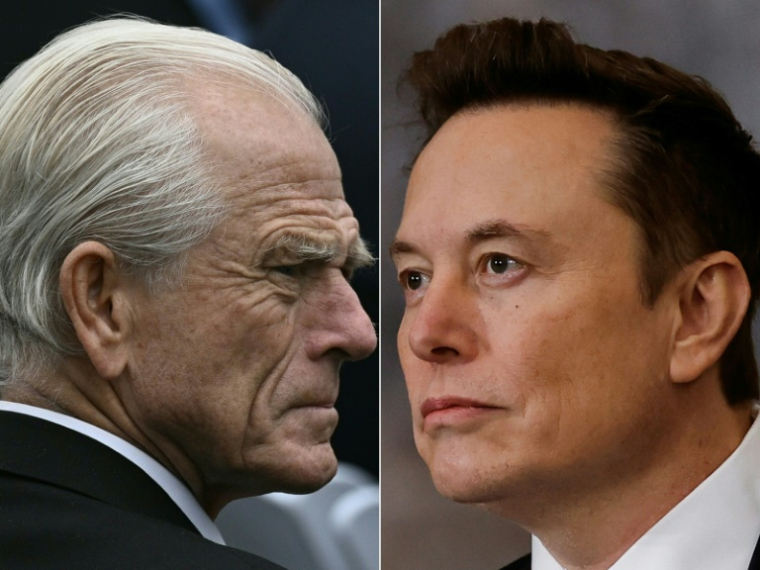 Peter Navarro (g), le 8 avril 2025, et Elon Musk, le 2 avril 2025 ( AFP / Brendan SMIALOWSKI )