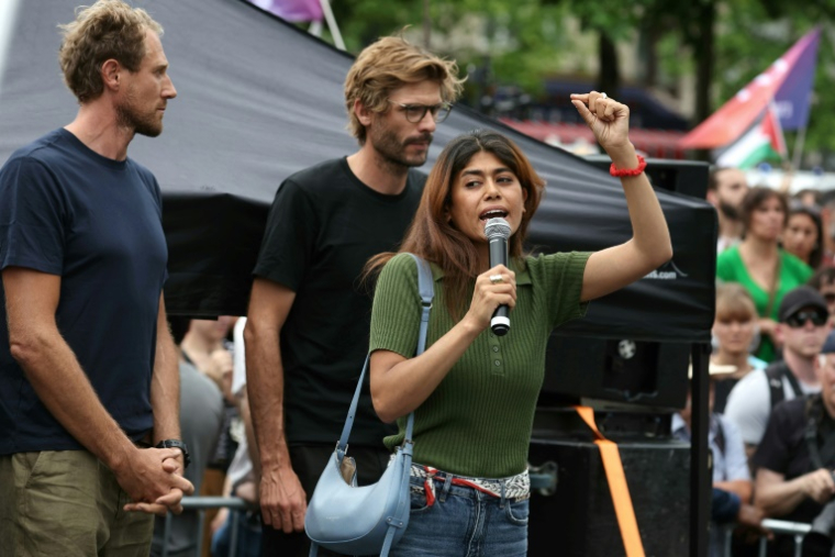 La députée européenne LFI franco-palestinienne Rima Hassan lors de la manifestation propalestinienne place de la République à Paris le 14 juin 2025 ( AFP / Thomas SAMSON )