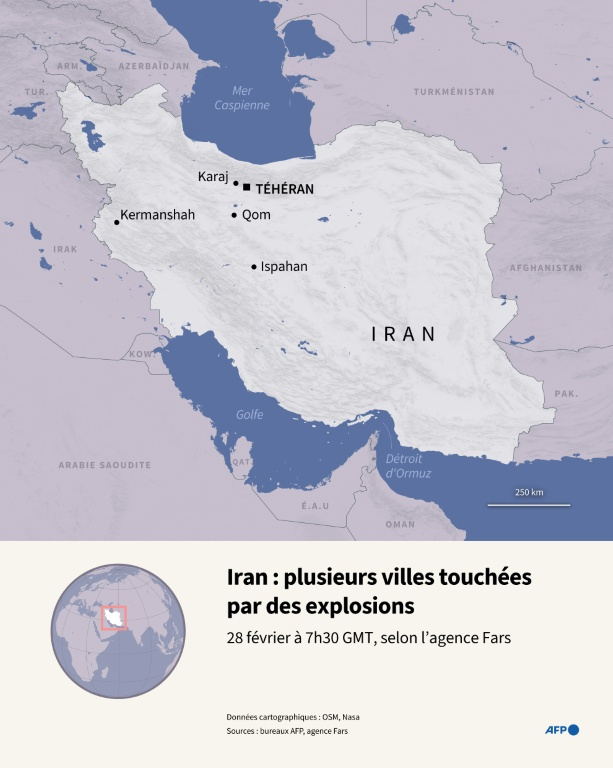 Carte de l'Iran montrant plusieurs villes où des explosions ont retenti selon l'agence Fars au 28 février à 7h30 GMT, alors que des frappes américaines et israéliennes ont touché le pays dans la matinée ( AFP / Sylvie HUSSON )