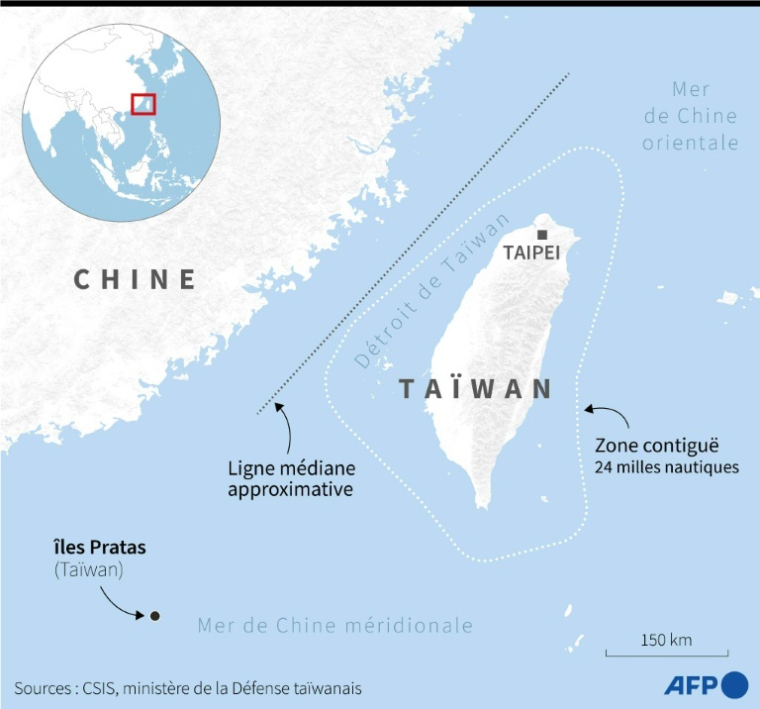 Carte de Taïwan et de la Chine montrant notamment la ligne médiane du détroit de Taïwan, démarcation non officielle entre la Chine et Taïwan, et les îles Pratas ( AFP / Nicholas SHEARMAN )