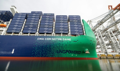 Le "Notre-Dame", plus gros porte-conteneurs sous pavillon français, du géant CMA CGM, dans le port du Havre (nord-ouest de la France), le 30 juin 2026 ( AFP / Alain JOCARD )