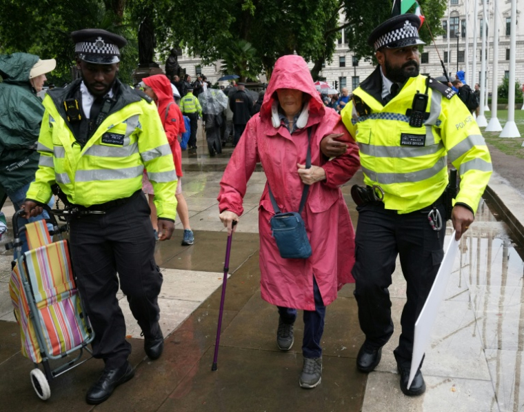 Une manifestante est escortée par des agents de police lors d'une manifestation en soutien à l'organisation interdite Palestine Action, le 19 juillet dans le centre de Londres  ( AFP / CARLOS JASSO )