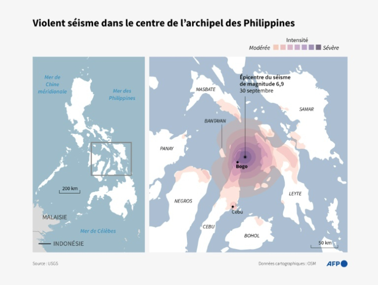 Carte montrant l'intensité du séisme de magnitude 6,9 qui a secoué le centre de l'archipel des Philippines le 30 septembre ( AFP / John SAEKI )