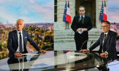 Olivier Faure (D) premier secrétaire du Parti Socialiste et le journaliste Gilles Bouleau, devant une image du Premier ministre démissionnaire Sébastien Lecornu, au 20h de TF1, à Boulogne-Billancourt, le 6 octobre 2025 ( AFP / Ludovic MARIN )