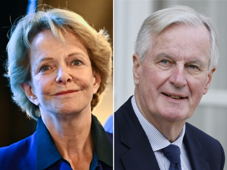 Frédérique Bredin, ancienne ministre des Sports de François Mitterand, et l'ex-Premier ministre Michel Barnier ( AFP / Julien DE ROSA )