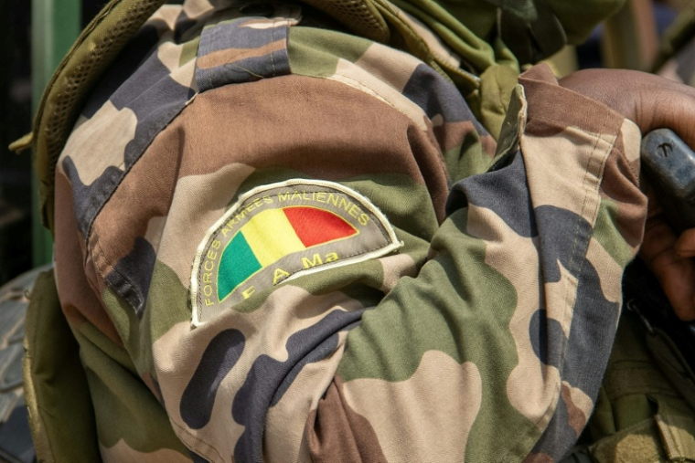 Photo montrant le logo des Forces armées maliennes (FAMA) lors d'une rencontre entre des membres de l'association Tamouzok ("vivre ensemble") et les autorités maliennes à Bamako, le 15 février 2025. ( AFP / Gousno )