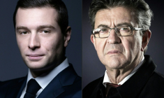 Favoris de leurs camps respectifs à un an et demi de la présidentielle, Jordan Bardella et Jean-Luc Mélenchon installent déjà à distance le récit de leur affrontement final ( AFP / JOEL SAGET )