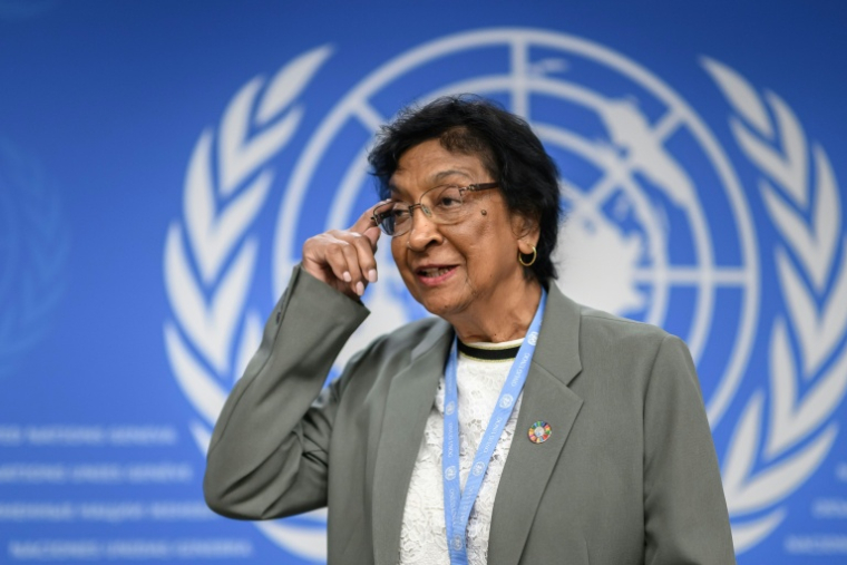 La juriste sud-africaine Navi Pillay à Genève en Suisse le 18 juin 2025 ( AFP / Fabrice COFFRINI )