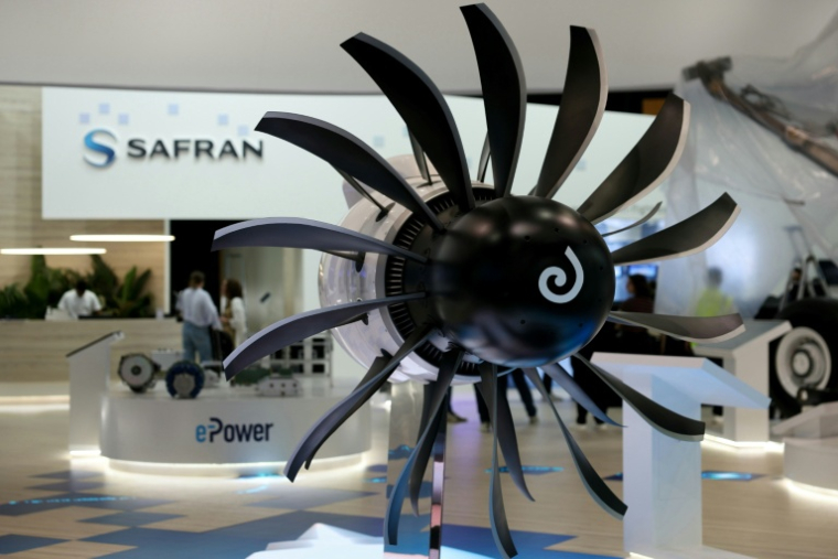 Maquette de moteur non caréné (open fa) Rise de CFM INternational au salon Le Bourget, près de Paris, le  15 juin 2025 ( AFP / Thomas SAMSON )