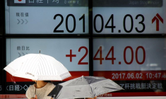 Des femmes munies d'ombrelles passent devant un panneau d'affichage électronique indiquant l'indice Nikkei japonais, à l'extérieur d'une société de courtage à Tokyo
