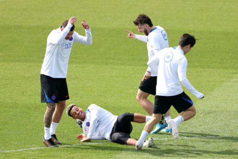 Les Parisiens lors de l'entraînement de veille de match  au Campus PSG de Poissy, le 27 avril 2026 en vue du choc contre le Bayern Munich ( AFP / FRANCK FIFE )