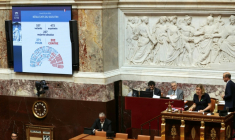 La présidente de l'Assemblée nationale, Yaël Braun-Pivet, à côté des résultats d'un vote solennel sur une réforme constitutionnelle visant à accorder à la Corse des pouvoirs dérogatoires au nom de ses spécificités, le 23 juin 2026 à Paris ( AFP / Alain JOCARD )
