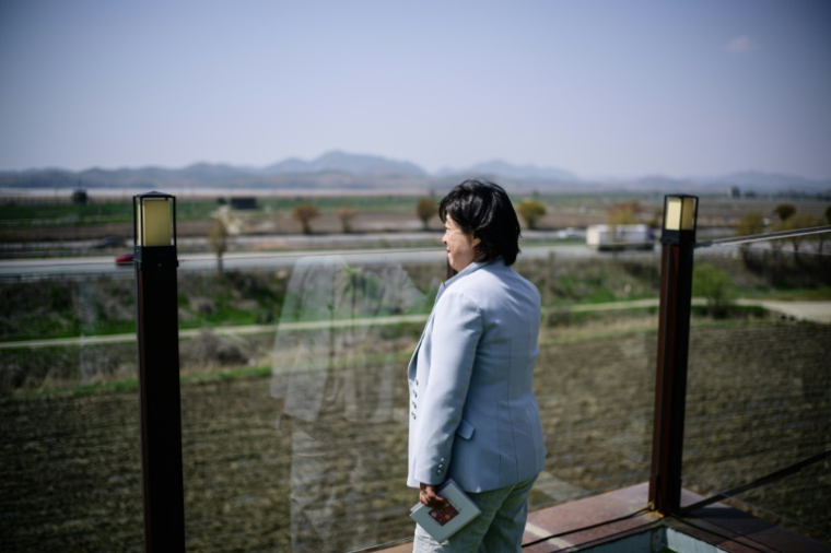 La fondatrice du café Daonsoop, Lee Oh-sook, regarde les montagnes de Corée du Nord depuis son établissement situé à moins de deux kilomètres de la frontière nord-coréenne à Paju, au nord de Séoul, le 24 avril 2025 en Corée du Sud ( AFP / ANTHONY WALLACE )