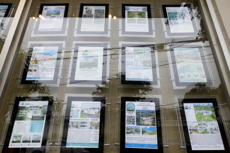 Des annonces de maisons et terrains en vente dans une agence immobilière à Rincon, le 15 juillet 2025 à Porto Rico ( AFP / Ricardo ARDUENGO )