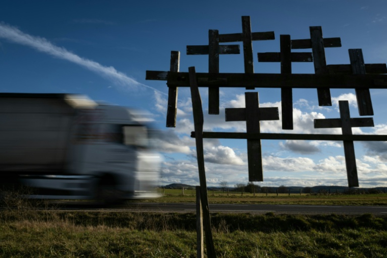Des croix installées en bordure de la RN19, entre Pomoy et Genevreuille, dans l'est de la France, où plusieurs accidents de voiture ont été signalés au fil des ans, le 3 février 2026 ( AFP / SEBASTIEN BOZON )