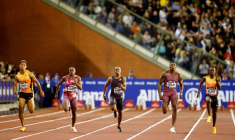 Le Jamaïcain Ackeem Blake sur le chemin de la victoire dans la finale du 100 m hommes à la Ligue de Diamant, Bruxelles