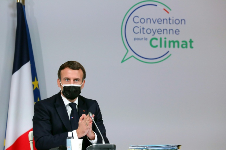 Le président Emmanuel Macron devant les membres de la Convention citoyenne pour le climat, Paris, le 14 décembre 2020 ( POOL / Thibault Camus )