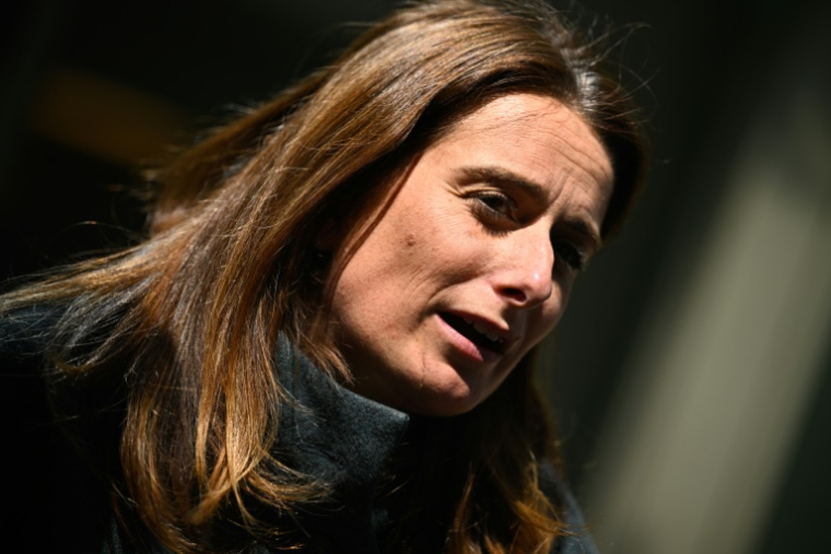 La patronne des Ecologistes Marine Tondelier devant des journalistes après une rencontre avec le Medef, Paris, le 23 avril 2026 ( AFP / JULIEN DE ROSA )
