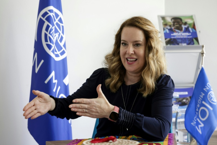 Amy Pope, directrice générale de l'Organisation internationale pour les migrations (OIM), lors d'un entretien avec l'AFP à Rabat, le 21 octobre 2025 au Maroc ( AFP / Abdel Majid BZIOUAT )