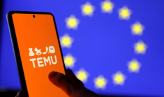Une illustration du logo de Temu avec le drapeau de l'UE