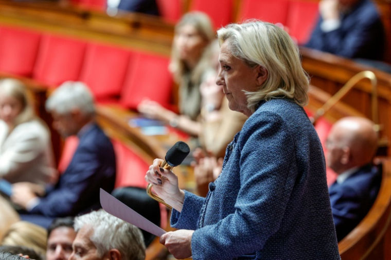 Marine Le Pen, présidente du groupe parlementaire du Rassemblement national, lors d'une séance de questions au gouvernement à l'Assemblée nationale, l e 10 juin 2025 à Paris ( AFP / GEOFFROY VAN DER HASSELT )