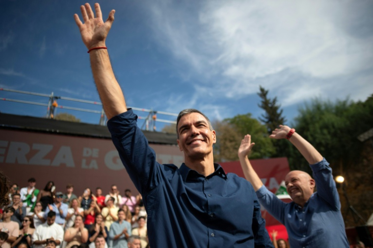 Le Premier ministre espagnol Pedro Sánchez lors d'un meeting de campagne, le 10 octobre 2026 à Dos Hermanas, près de Séville   ( AFP / JORGE GUERRERO )