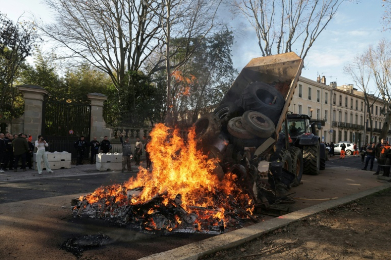 Des agriculteurs et des membres de syndicats agricoles devant la préfecture de l'Aude, à Carcassonne, le 17 décembre 2025 ( AFP / Valentine CHAPUIS )
