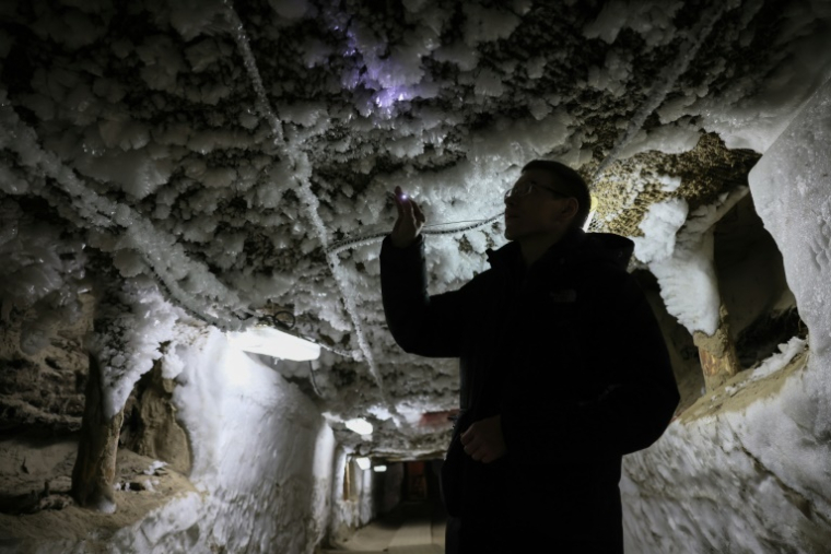 Un scientifique examine les formes de glace qui sortent du pergélisol dans un tunnel souterrain à l'Institut du pergélisol à Iakuutsk, le 28 mars 2025 en Sibérie orientale ( AFP / STRINGER )