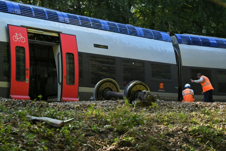 Le 12 septembre 2026, des agents ferroviaires inspectent le TER qui a déraillé la veille, faisant 44 blessés à Cléon, en Seine-Maritime ( AFP / Guillaume SALIGOT )