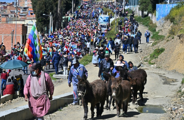 Des partisans de l'ancien président bolivien Evo Morales participent à une marche entre El Alto et La Paz, le 16 mai 2025, pour soutenir la candidature de leur leader à la présidentielle d'août. ( AFP / AIZAR RALDES )