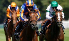 Le jockey anglais Ryan-Lee Moore (c) mène la pouliche Diamond Necklace à la victoire devant le jockey irlandais Oisin Murphy sur Inis Mor (d), lors de la 177e édition du Prix de Diane à Chantilly, le 14 juin 2026 dans l'Oise ( AFP / GEOFFROY VAN DER HASSELT )