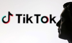 Une illustration montre un modèle miniature imprimé en 3D d'Elon Musk et le logo de TikTok