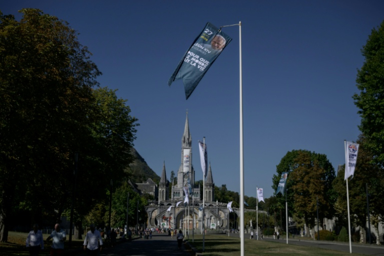 Une banderole annonçant la visite du pape Léon, devant la basilique Notre-Dame du Rosaire, à Lourdes, le 15 septembre 2026 ( AFP / Ed JONES )