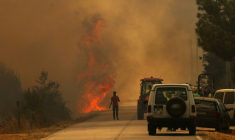 Un homme se dirige vers les flammes sur une route couverte de fumée dans le village d'Antas au Portugal, le 15 août 2025 ( AFP / PATRICIA DE MELO MOREIRA )
