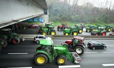 Des agriculteurs manifestent sur l'A63 à Saint-Pierre-D'Irube, dans les Pyrénées-Atlantiques, le 9 janvier 2026 ( AFP / Gaizka IROZ )