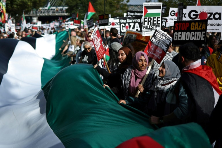 Des manifestants propalestiniens brandissent des pancartes et des drapeaux à Londres, le 11 octobre 2025, à l'occasion de la 32e "Marche nationale pour la Palestine" depuis octobre 2023. ( AFP / HENRY NICHOLLS )