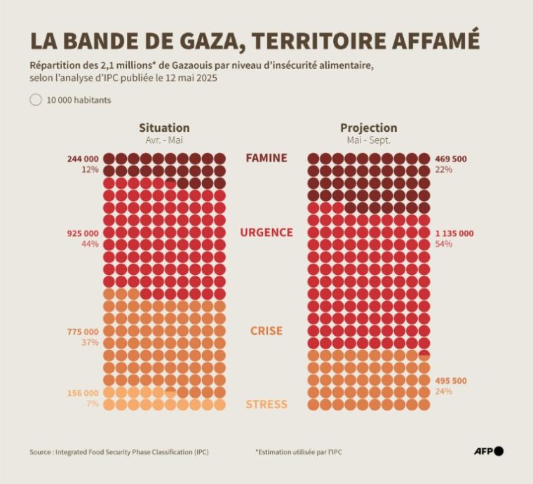 Répartition de la population par niveau d'insécurité alimentaire dans la bande de Gaza, d'après l'analyse de l'IPC publiée le 12 mai 2025 ( AFP / Nalini LEPETIT-CHELLA )