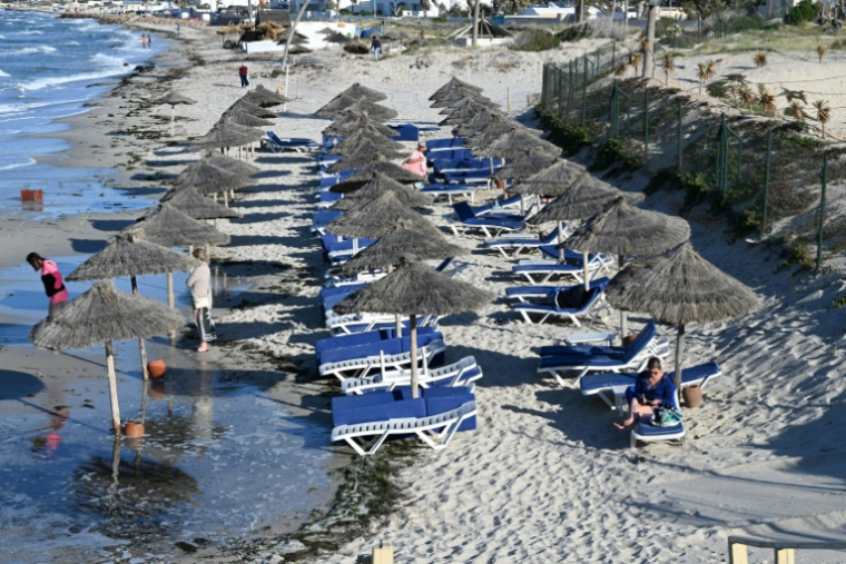 Des touristes européens profitent de la plage à Djerba, en Tunisie, le 2 mai 2026 ( AFP / FETHI BELAID )