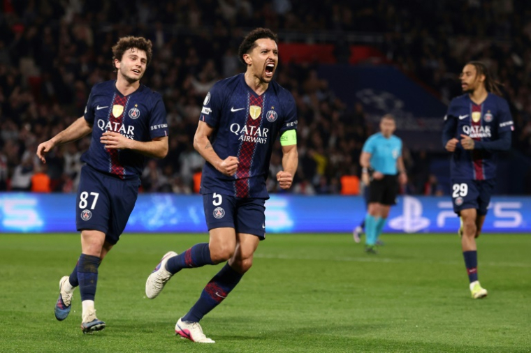 Le capitaine du PSG Marquinhos (c) buteur contre Monaco, le 25 février 2026 au Parc des Princes ( AFP / FRANCK FIFE )
