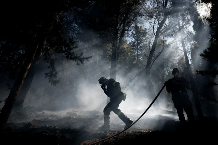 Des pompiers tentent d'éteindre un incendie de forêt le 23 juin 2025 sur l'île de Chios en Grèce ( AFP / Dimitris Tosidis )