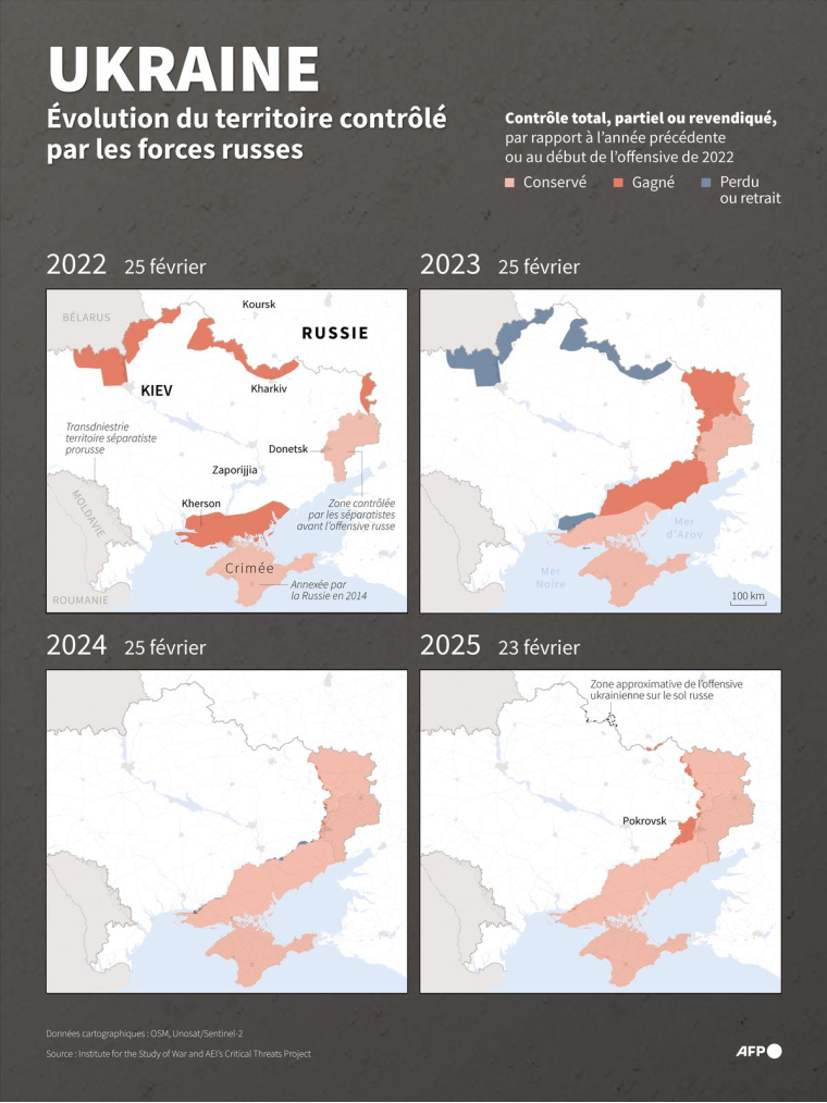 Cartes montrant l'évolution des zones contrôlées par les forces russes en Ukraine du 25 février 2022 au 23 février 2025, à partir des données de l'ISW ( AFP / Nalini LEPETIT-CHELLA )