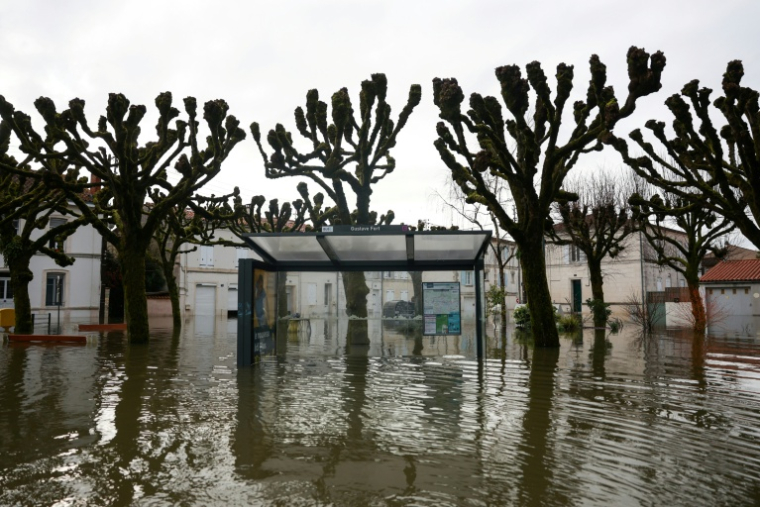 Un abri-bus inondé dans le centre-ville de Saintes, le 18 février 2026 ( AFP / ROMAIN PERROCHEAU )