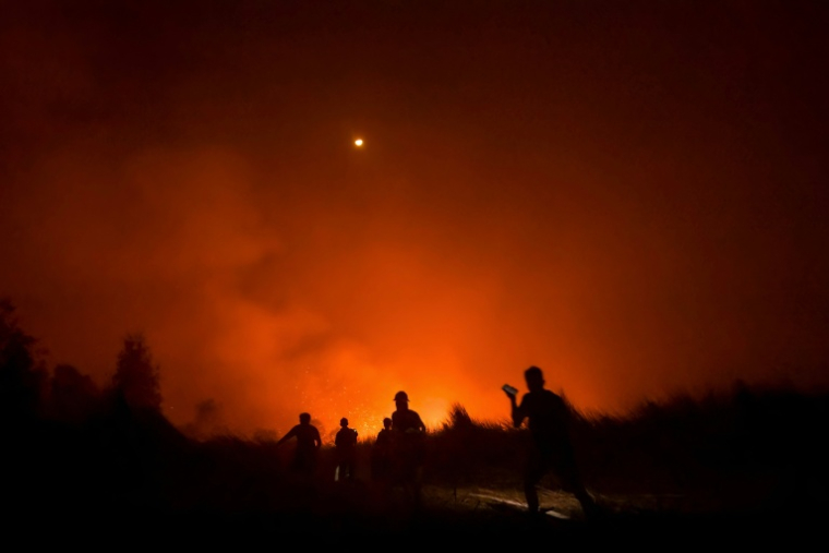 Habitants et volontaires combattent un feu de tourbière au village de Gambut, dans le Kalimatan sur l'île de Bornéo, le 2 octobre 2026 ( AFP / MUDA SAGALA )