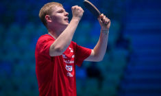 Le Français Félix Lebrun, lors de sa demi-finale face à son compatriote Léo De Nodrest, aux Championnats d'Europe de tennis de table, le 18 octobre 2026 à Ljubljana ( AFP / Jure Makovec )